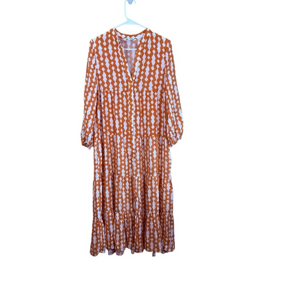 ZARA Small Orange & White‎ Geometric Button Midi DRESS Kaftan Beach Cruise Boho - Picture 1 of 5
